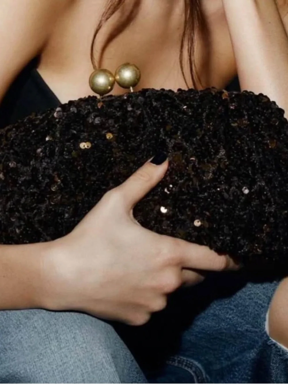 Zara Black Sequin Clutch with Gold Ball Closure